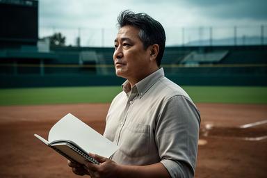 松阪の野球場で取材ノートを持つ編集長