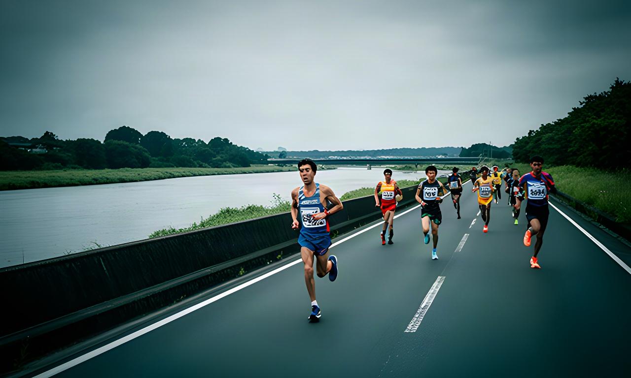 三重県のロードレースで選手が河川敷の直線を走る風景